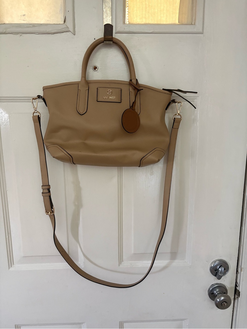 Nine West Beige/Tan Leather Crossbody Satchel with Top Handles